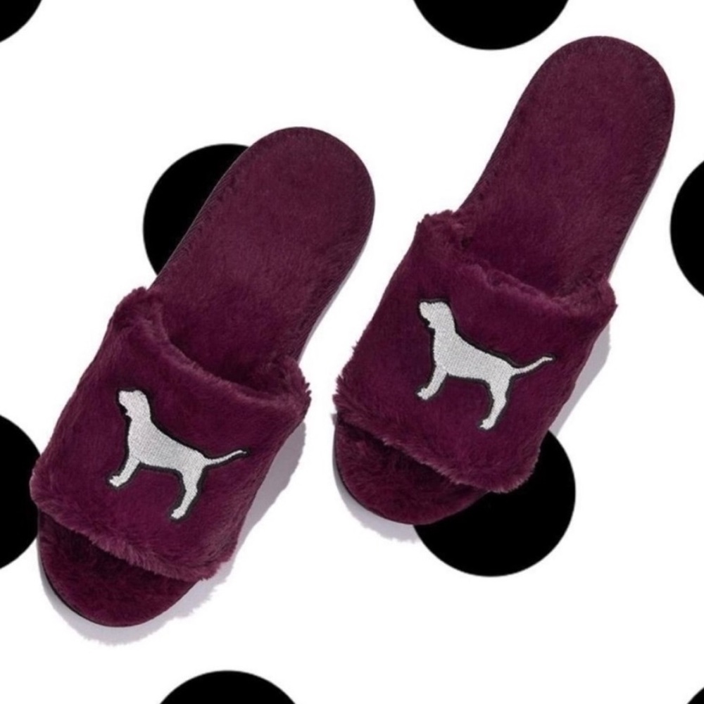 VS Pink burgundy faux fur slippers silver dog
